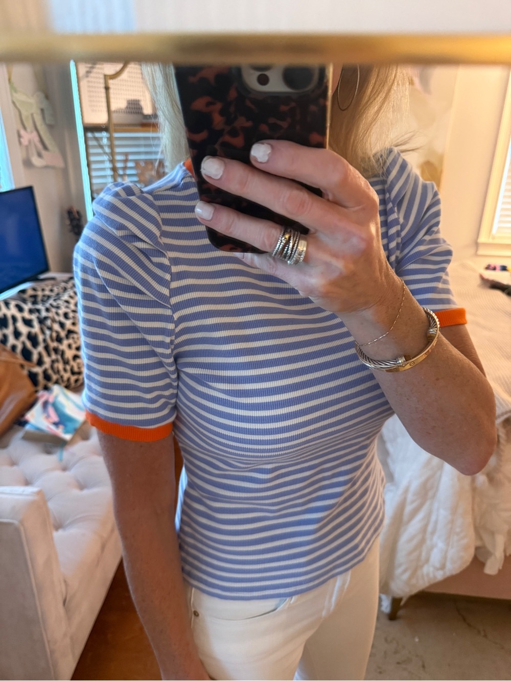Maeve Blue & White Striped Short Sleeve Top with Orange Trim - Picture 2 of 2